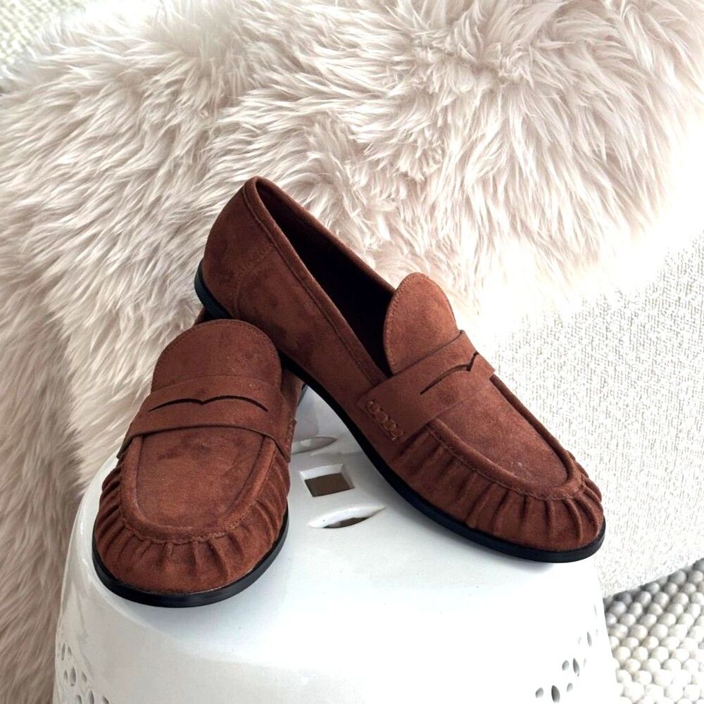 QIY Brown Suede Ruched Penny Loafers Flats 9